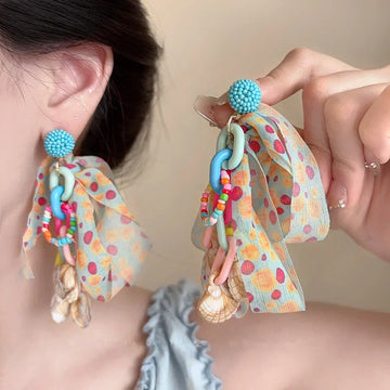 DAIIIBABYYY  -  Shell bead Colorful Fabric Bowknot Tassel Pendant Earrings For Women Seaside Vacation Aesthetic Bohemia Jewelry Gift Accessories
